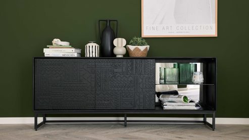 Lowboard Roomio® aus Holz in Schwarz Roomio No. 2001 - Lowboard schwarzes Mangoholz - zwei Türen, Länge ca. 160 cm