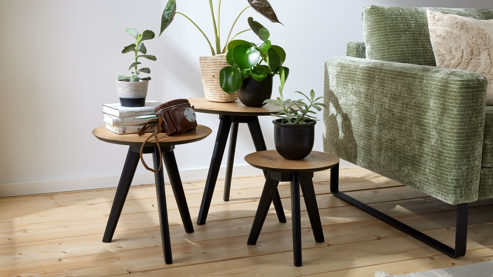 3-Satz-Tisch Roomio® aus Holz in Holzfarben Roomio No. 2002 - Couchtisch-Set Eichefurnier & schwarzes Mangoholz - dreiteilig