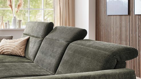 Ecksofa modulmaster aus Stoff in Grün Modulmaster Serie MM-ZE1195 - Ecksofa olivgrünes Flachgewebe Maranta & schwarze Metallfüße – Stellfläche ca. 191 x 305 cm