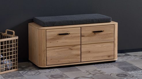 Garderobenbank Interliving aus Holz in Holzfarben Interliving Garderoben Serie 6014 - Garderobenbank Wildeiche, Granitfurnier & schwarzer Bezug - zwei Türen, Länge ca. 90 cm