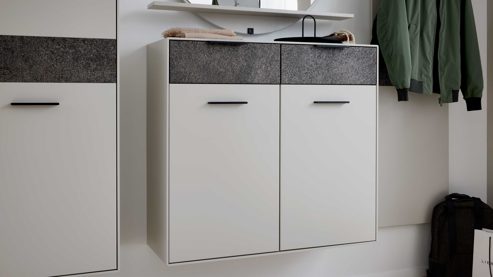 Schuhschrank Interliving aus Holz in Weiß Interliving Garderoben Serie 6013 - Schuhschrank Sahara Creme & Granitfurnier - zwei Türen, zwei Schubladen, Breite ca. 90 cm