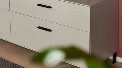 Wohnwand Interliving aus Holz in Weiß Interliving Wohnzimmer Serie 2030 PLUS - Wohnwand Sahara Creme & Granitfurnier - vierteilig, Länge ca. 309 cm