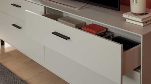 Wohnwand Interliving aus Holz in Weiß Interliving Wohnzimmer Serie 2030 PLUS - Wohnwand Sahara Creme & Granitfurnier - fünfteilig, Länge ca. 309 cm