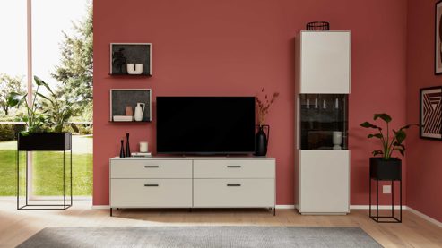 Wohnwand Interliving aus Holz in Weiß Interliving Wohnzimmer Serie 2030 PLUS - Wohnwand Sahara Creme & Granitfurnier - fünfteilig, Länge ca. 309 cm