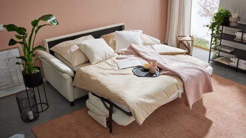 Schlafsofa Interliving aus Stoff in Weiß Interliving Schlafsofa Serie 4700 - Schlafsofa 120LÄ naturweißes Flachgewebe Cyber & schwarze Aluminiumfüße - Breite ca. 188 cm