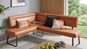 Eckbank Interliving aus Stoff in Hellbraun Interliving Esszimmer Serie 5505 - Eckbankkombination caramelfarbene Mikrofaser 925-72 & schwarzes Metall - Stellfläche ca. 169 x 215 cm