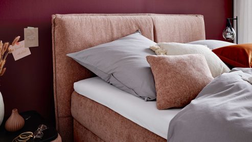 Boxspringbett Interliving aus Stoff in Rosa Interliving Bettensystem Serie 1420 - Boxspringbett sienfarbene Chenille Toni & Wildeichefüße - Liegefläche ca. 180 x 200 cm