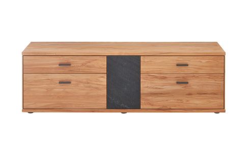 Lowboard Decker aus Holz in Holzfarben Hell Lowboard als TV-Möbel naturfarbene Kernbuche & Schiefer – drei Türen, zwei Schübe, ca. 182 x 40 cm