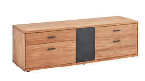 Lowboard Decker aus Holz in Holzfarben Hell Lowboard als TV-Möbel naturfarbene Kernbuche & Schiefer – drei Türen, zwei Schübe, ca. 182 x 40 cm