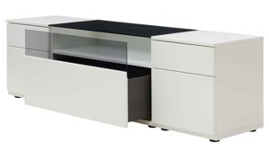 Lowboard Interliving aus Holz in Weiß Interliving Wohnzimmer Serie 2031 - Lowboard als Medienmöbel Tonweiß & graues Glas - zwei Türen, eine Schublade, Breite ca. 180 cm