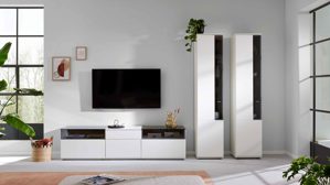 Wohnwand Interliving aus Holz in Weiß Interliving Wohnzimmer Serie 2031 - Wohnwand Tonweiß & graues Glas - Länge ca. 330 cm