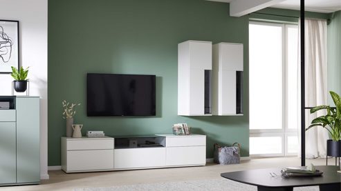 Wohnwand Interliving aus Holz in Weiß Interliving Wohnzimmer Serie 2031 - Wohnlösung EB27001 Tonweiß & graues Glas - Länge ca. 270 cm