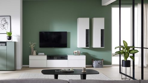 Wohnwand Interliving aus Holz in Weiß Interliving Wohnzimmer Serie 2031 - Wohnlösung Tonweiß & graues Glas - Länge ca. 270 cm