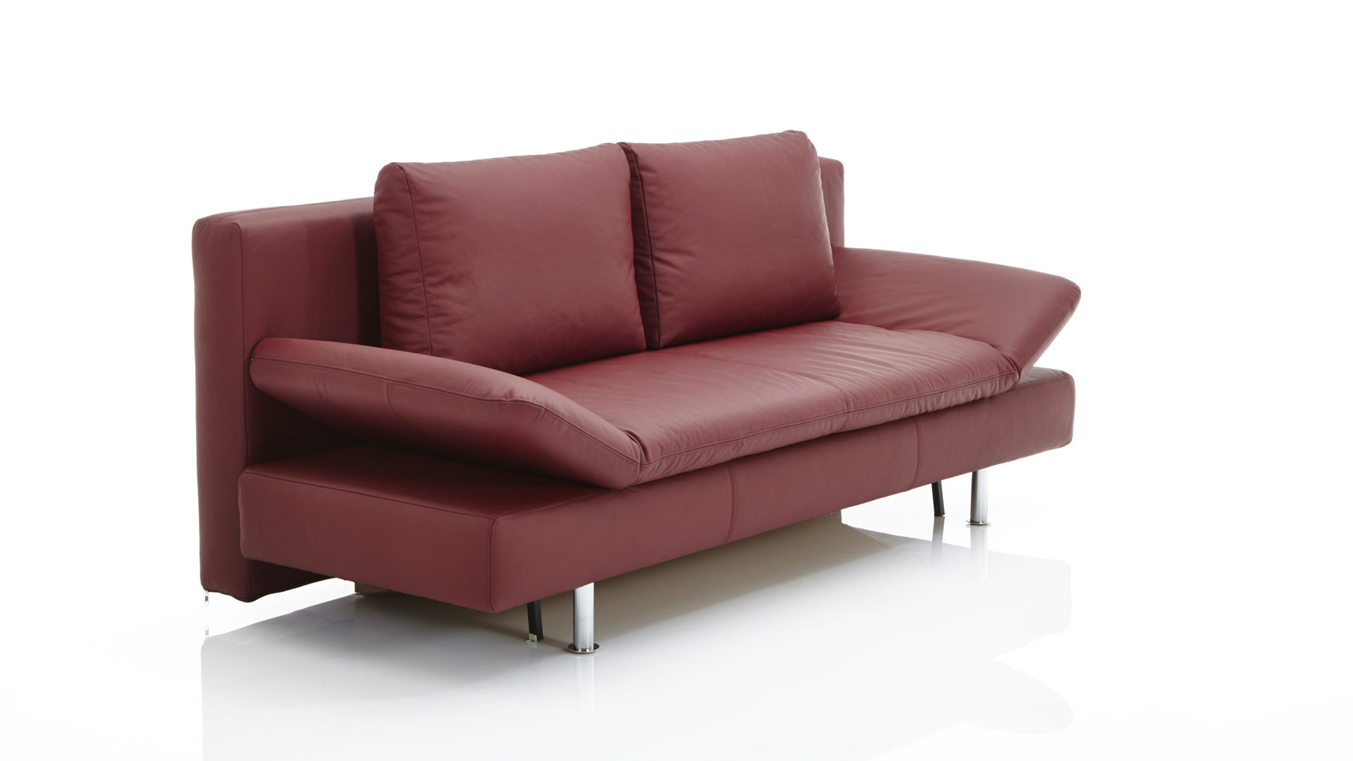 Schlafsofa comfortmaster besser sitzen, liegen, leben aus Leder in Dunkelrot Comfortmaster Schlafsofa Mia weinrotes Leder 10-1056 & verchromte Metallfüße
