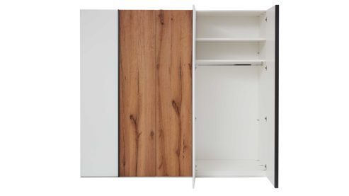 Komplettzimmer Interliving aus Holz in Weiß Interliving Schlafzimmer Serie 1025 – Komplettzimmer Weiß & Balkeneiche gehackt - vierteilig, fünf Türen