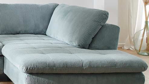 Ecksofa Megapol aus Stoff in Hellblau Polsterprogramm VS-MP1028 - Ecksofa aquafarbener Cord & Holzfüße - Stellfläche ca. 306 x 197 cm
