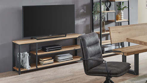 Regal WOODS & TRENDS aus Holz in Holzfarben WOODS & TRENDS Vintage-Dining - Lowboard-Regal Balkeneiche & geschwärztes Roheisen – Länge ca. 135 cm