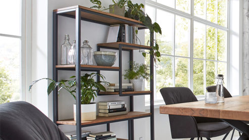Regal WOODS & TRENDS aus Holz in Holzfarben WOODS & TRENDS Vintage-Dining - Regal Balkeneiche & geschwärztes Roheisen – Höhe ca. 183 cm