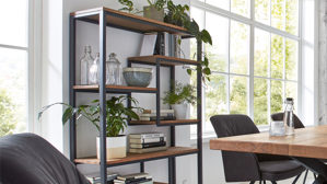 Regal WOODS & TRENDS aus Holz in Holzfarben WOODS & TRENDS Vintage-Dining - Regal Balkeneiche & geschwärztes Roheisen – Höhe ca. 183 cm