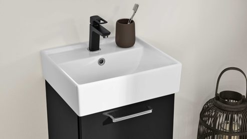 Waschtisch-Set / Waschbecken-Set Interliving aus Holz in Schwarz Interliving Bad Serie 7961 - Waschtischkombination graphitschwarzes Lacklaminat & weiße Keramik